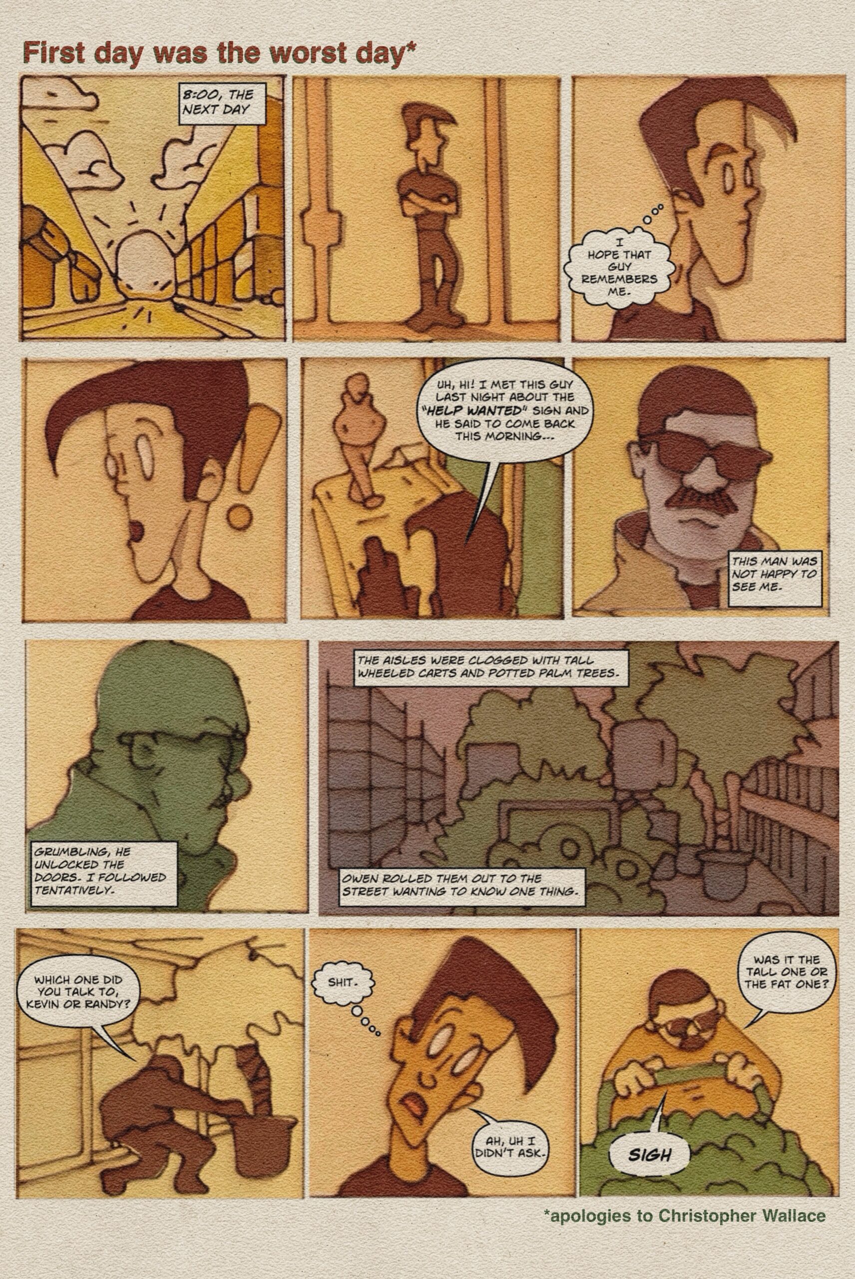 Digital illustration comic book panels of Chris Rini arriving at his first day of work at Brothers Greenery meeing Owen the delivery driver