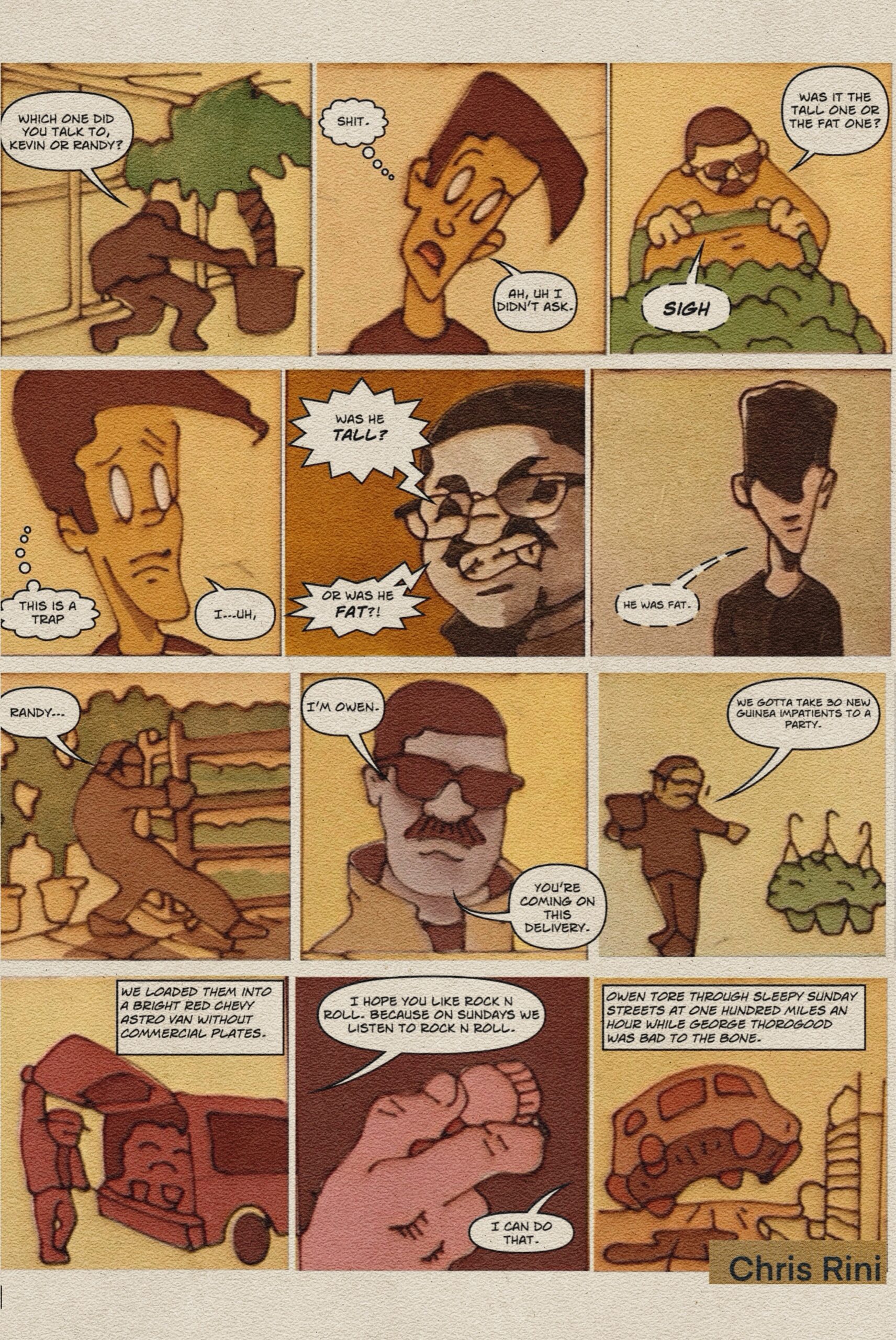 Digital comic panel illustrations of artist Chris Rini meeting his first coworker at Brothers Greenery