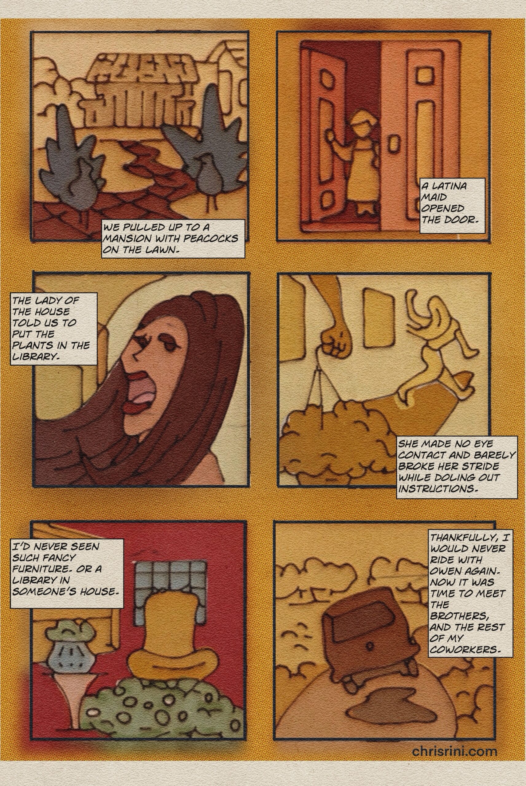 Digital comic panels illustration of Chris Rini and Owen visiting a mansion and delivering plants for a party. They drop the plants in a library and drive away in the company van