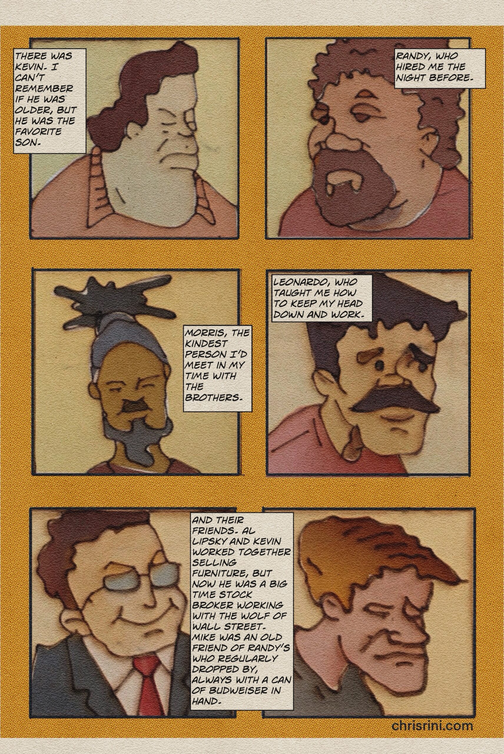 Digital comic panel series of portair illustrations of six men