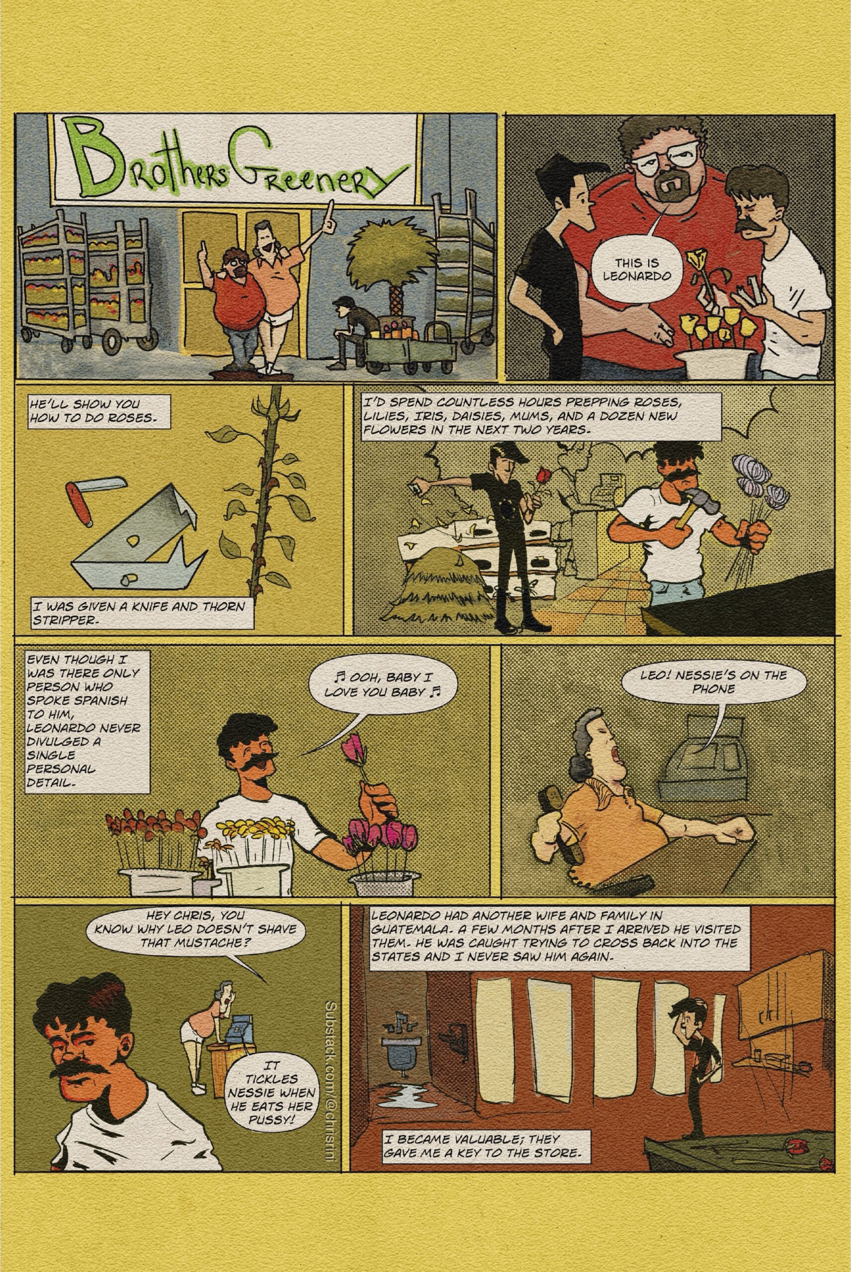 Digital illustration of comic panels of a Guatemalen man teaching a teenage protaonist how to work in a flow shop