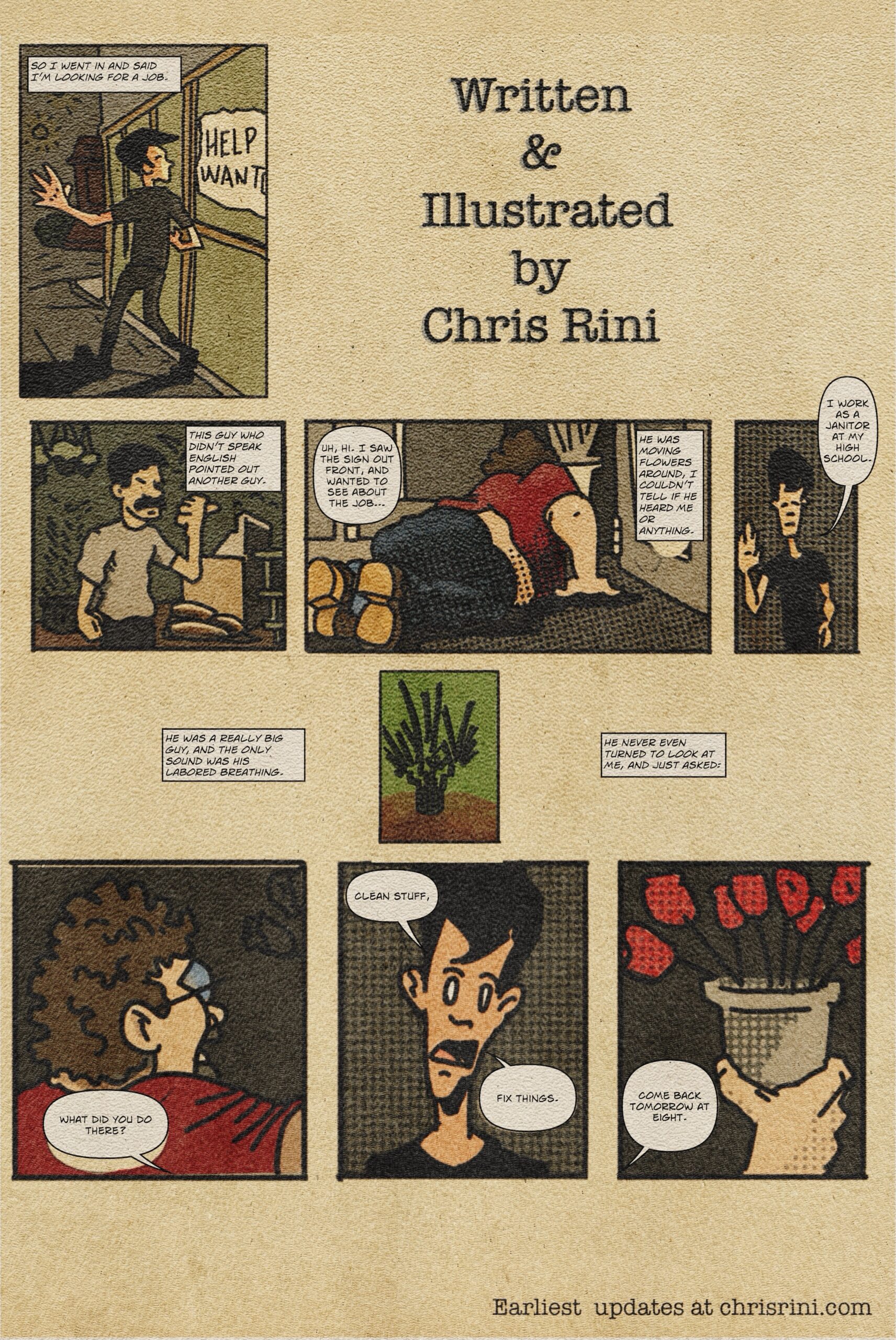 Digital illustration of teenager applying for a job at a tropical tree store with the owner