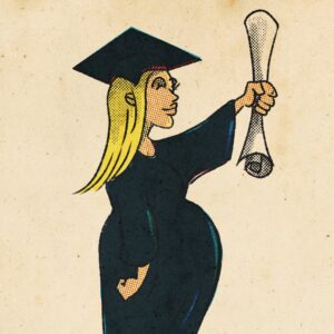 Digital illustration of a blonde pregnant woman wearing a graduation gown and mortarboard cap holding a diploma