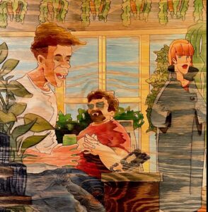 Rinography wood engraving showing a man drinking a beer while another fat man and an attractive woman stare at him with concerned facial expressions