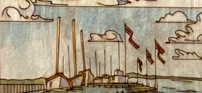 Rinography wood engraving of boats in a Danish fjord