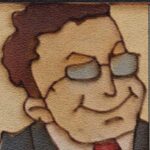 Digital illustration of a middle aged white man with short brown hair and glasses, and wearing a blue suit